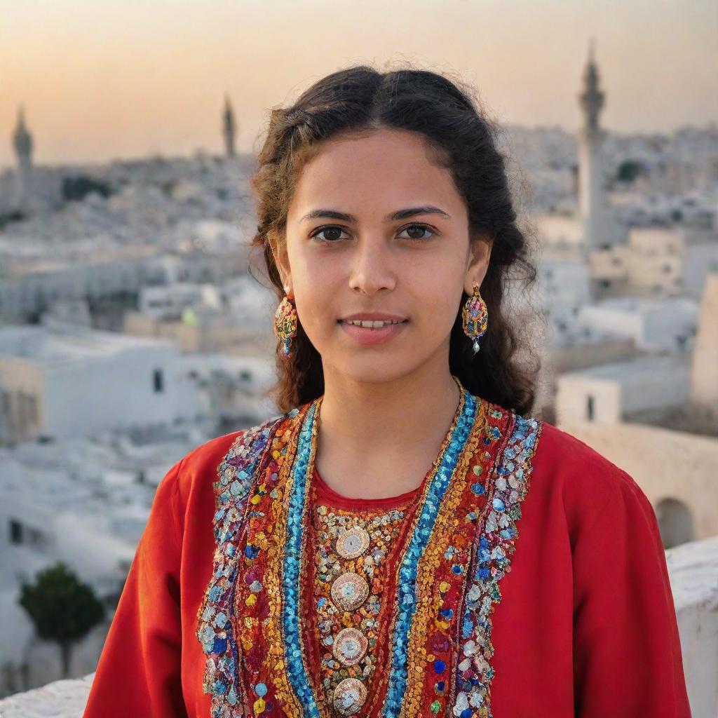 A youthful Tunisian girl, adorned with vibrantly colored traditional garb, standing confidently in front of a historic Tunis cityscape.