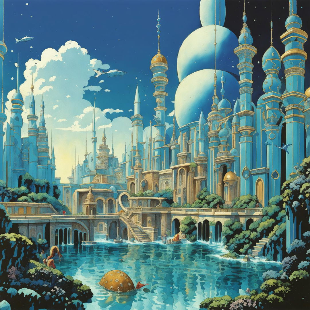 An underwater Atlantis city in Studio Ghibli style, with Greek and Persian influenced architecture made of gold, bronze, and copper.