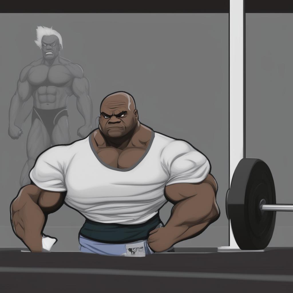 A high-quality digital art image depicting a fusion of Ronnie Coleman, the professional bodybuilder, and the meme character, Wojak