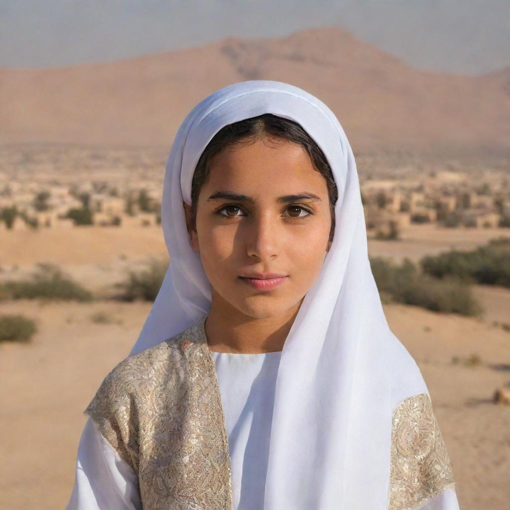 Portrait of a young Arab girl in traditional clothing, looking towards the viewer with a background of a Middle Eastern scenery.