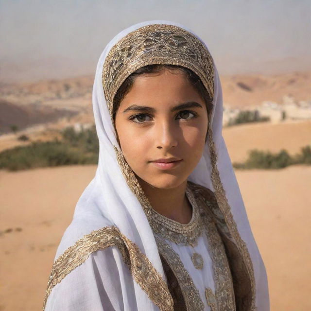 Portrait of a young Arab girl in traditional clothing, looking towards the viewer with a background of a Middle Eastern scenery.