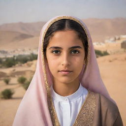 Portrait of a young Arab girl in traditional clothing, looking towards the viewer with a background of a Middle Eastern scenery.