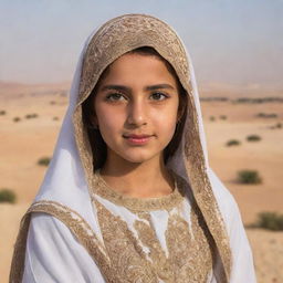 Portrait of a young Arab girl in traditional clothing, looking towards the viewer with a background of a Middle Eastern scenery.