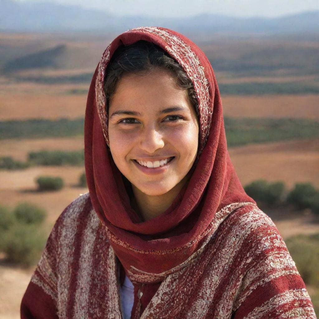 Portrait of a Tunisian girl named Sahar, with traditional garb, a warm smile, set against the backdrop of the Tunisian landscape.