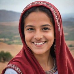 Portrait of a Tunisian girl named Sahar, with traditional garb, a warm smile, set against the backdrop of the Tunisian landscape.