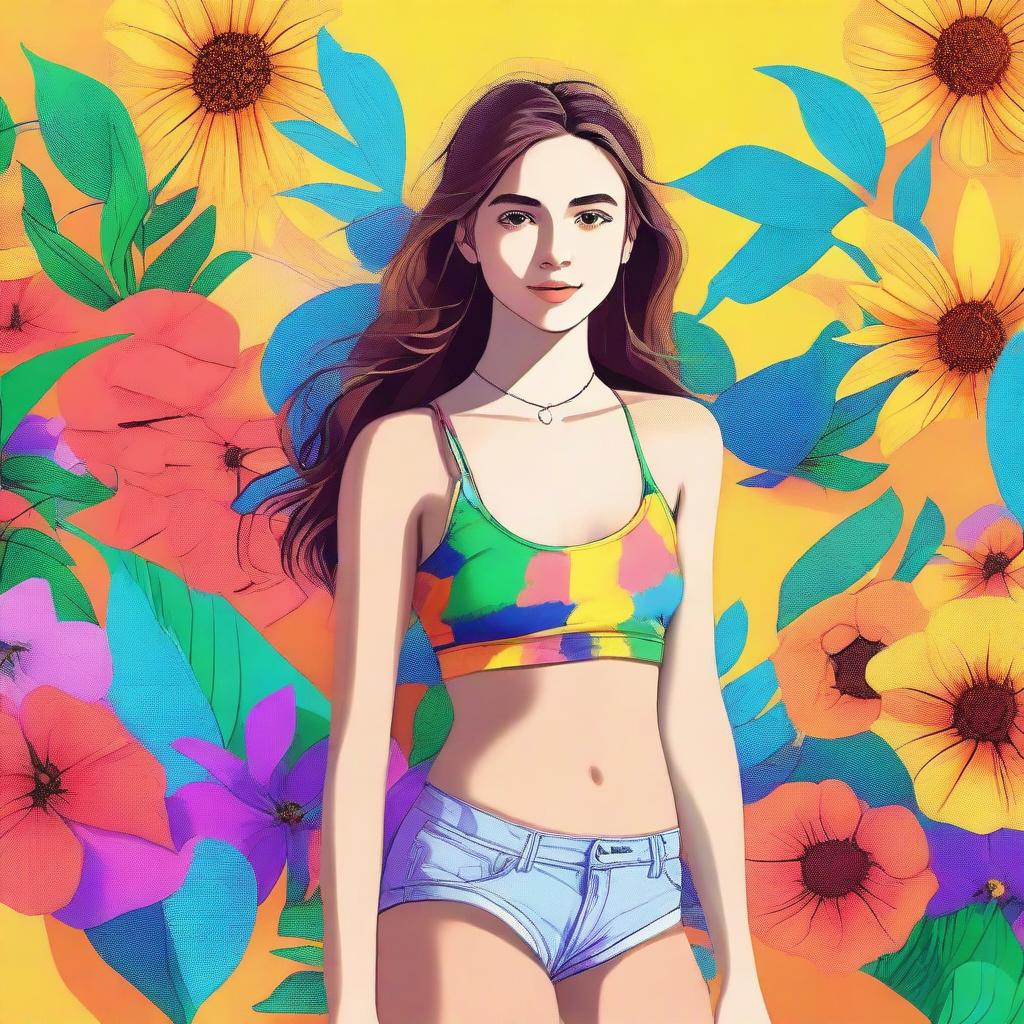 A digital art representation of a teenage girl dressed in summer attire, including a tasteful and modest bralette