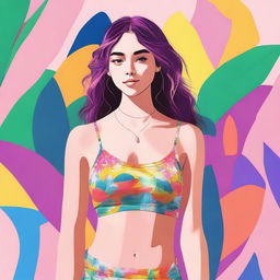 A digital art representation of a teenage girl dressed in summer attire, including a tasteful and modest bralette