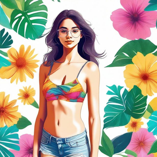 A digital art representation of a teenage girl dressed in summer attire, including a tasteful and modest bralette