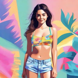 A digital art representation of a teenage girl dressed in summer attire, including a tasteful and modest bralette