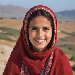 Portrait of a Tunisian girl named Sahar, with traditional garb, a warm smile, set against the backdrop of the Tunisian landscape.