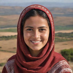 Portrait of a Tunisian girl named Sahar, with traditional garb, a warm smile, set against the backdrop of the Tunisian landscape.