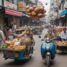 Bustling Indian street with comical elements such as a monkey stealing a hat, a food vendor juggling samosas, and a rickshaw driver stuck in a humorous situation.