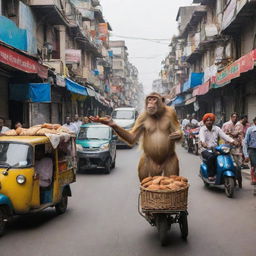 Bustling Indian street with comical elements such as a monkey stealing a hat, a food vendor juggling samosas, and a rickshaw driver stuck in a humorous situation.