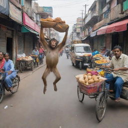 Bustling Indian street with comical elements such as a monkey stealing a hat, a food vendor juggling samosas, and a rickshaw driver stuck in a humorous situation.