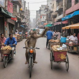 Bustling Indian street with comical elements such as a monkey stealing a hat, a food vendor juggling samosas, and a rickshaw driver stuck in a humorous situation.