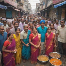 A vibrant and humorous scene from everyday Indian life, filled with colorful clothing, bustling streets, street food stalls, and people laughing and enjoying themselves.