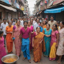 A vibrant and humorous scene from everyday Indian life, filled with colorful clothing, bustling streets, street food stalls, and people laughing and enjoying themselves.