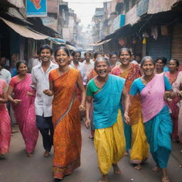 A vibrant and humorous scene from everyday Indian life, filled with colorful clothing, bustling streets, street food stalls, and people laughing and enjoying themselves.