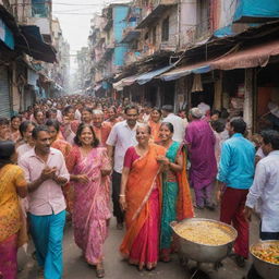 A vibrant and humorous scene from everyday Indian life, filled with colorful clothing, bustling streets, street food stalls, and people laughing and enjoying themselves.