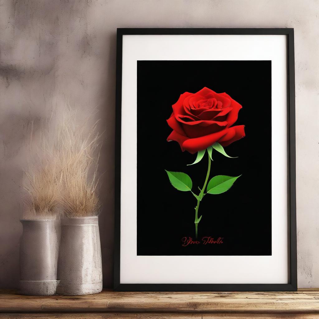 A high-quality digital art poster showcasing a single, vivid red rose in full bloom against a stark black background