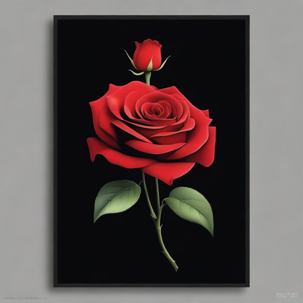 A high-quality digital art poster showcasing a single, vivid red rose in full bloom against a stark black background