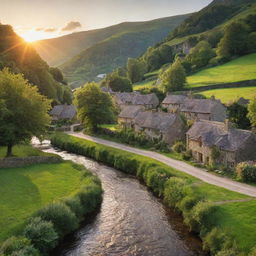 A picturesque, quaint village nestled in a lush green valley, with stone cottages, a sparkling stream running through the center, and the glow of a setting sun in the backdrop.