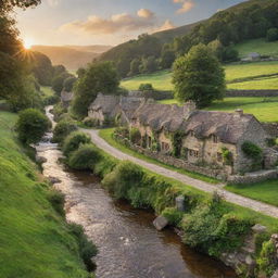 A picturesque, quaint village nestled in a lush green valley, with stone cottages, a sparkling stream running through the center, and the glow of a setting sun in the backdrop.