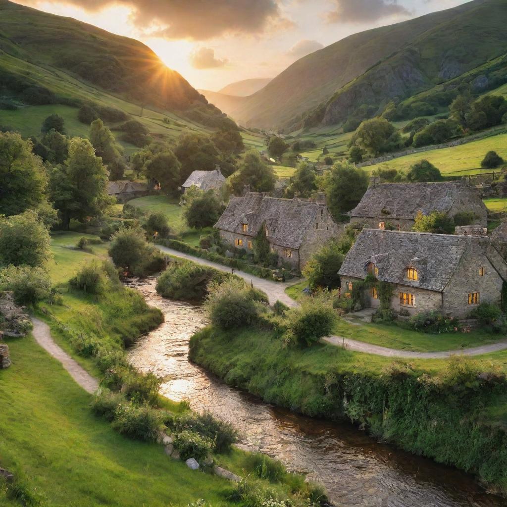 A picturesque, quaint village nestled in a lush green valley, with stone cottages, a sparkling stream running through the center, and the glow of a setting sun in the backdrop.