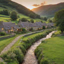 A picturesque, quaint village nestled in a lush green valley, with stone cottages, a sparkling stream running through the center, and the glow of a setting sun in the backdrop.