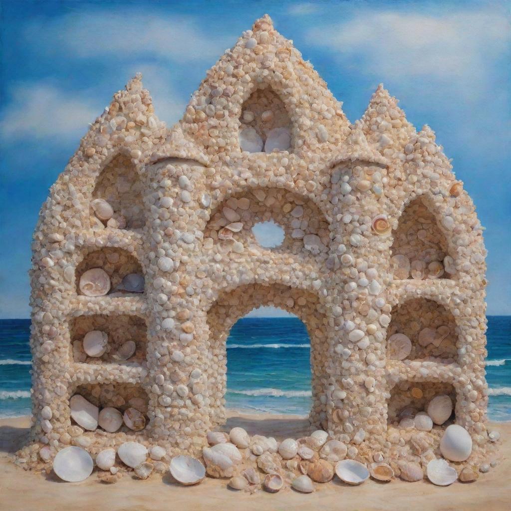 Artistic painting of a unique structure comprising entirely of sea shells