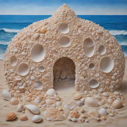 Artistic painting of a unique structure comprising entirely of sea shells