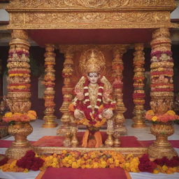 A sacred Hindu temple featuring a 'Pran Pratishtha' ceremony for the deity Ram Bhagwan. Showcase with divine decorations, vibrant colors, and devoted attendees.