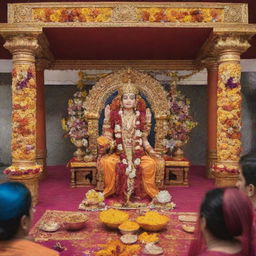 A sacred Hindu temple featuring a 'Pran Pratishtha' ceremony for the deity Ram Bhagwan. Showcase with divine decorations, vibrant colors, and devoted attendees.