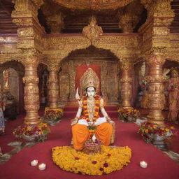 A sacred Hindu temple featuring a 'Pran Pratishtha' ceremony for the deity Ram Bhagwan. Showcase with divine decorations, vibrant colors, and devoted attendees.