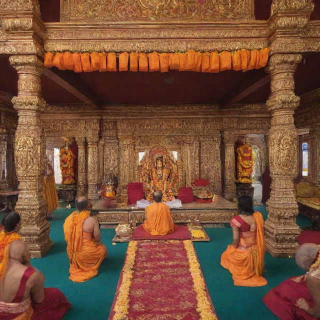 A sacred Hindu temple featuring a 'Pran Pratishtha' ceremony for the deity Ram Bhagwan. Showcase with divine decorations, vibrant colors, and devoted attendees.