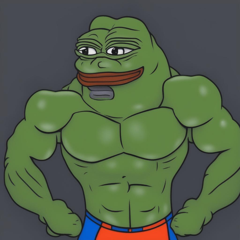 A digital cartoon image of Pepe the Frog, transformed to have the muscular physique of professional bodybuilder Ronnie Coleman