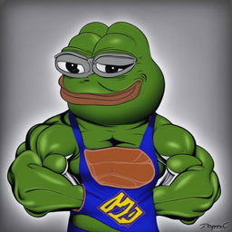 A digital cartoon image of Pepe the Frog, transformed to have the muscular physique of professional bodybuilder Ronnie Coleman