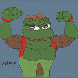 A digital cartoon image of Pepe the Frog, transformed to have the muscular physique of professional bodybuilder Ronnie Coleman