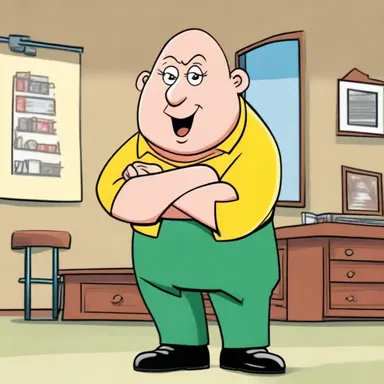 In the cartoon, the character's iconic feature is his bald head, which adds to his quirky charm.