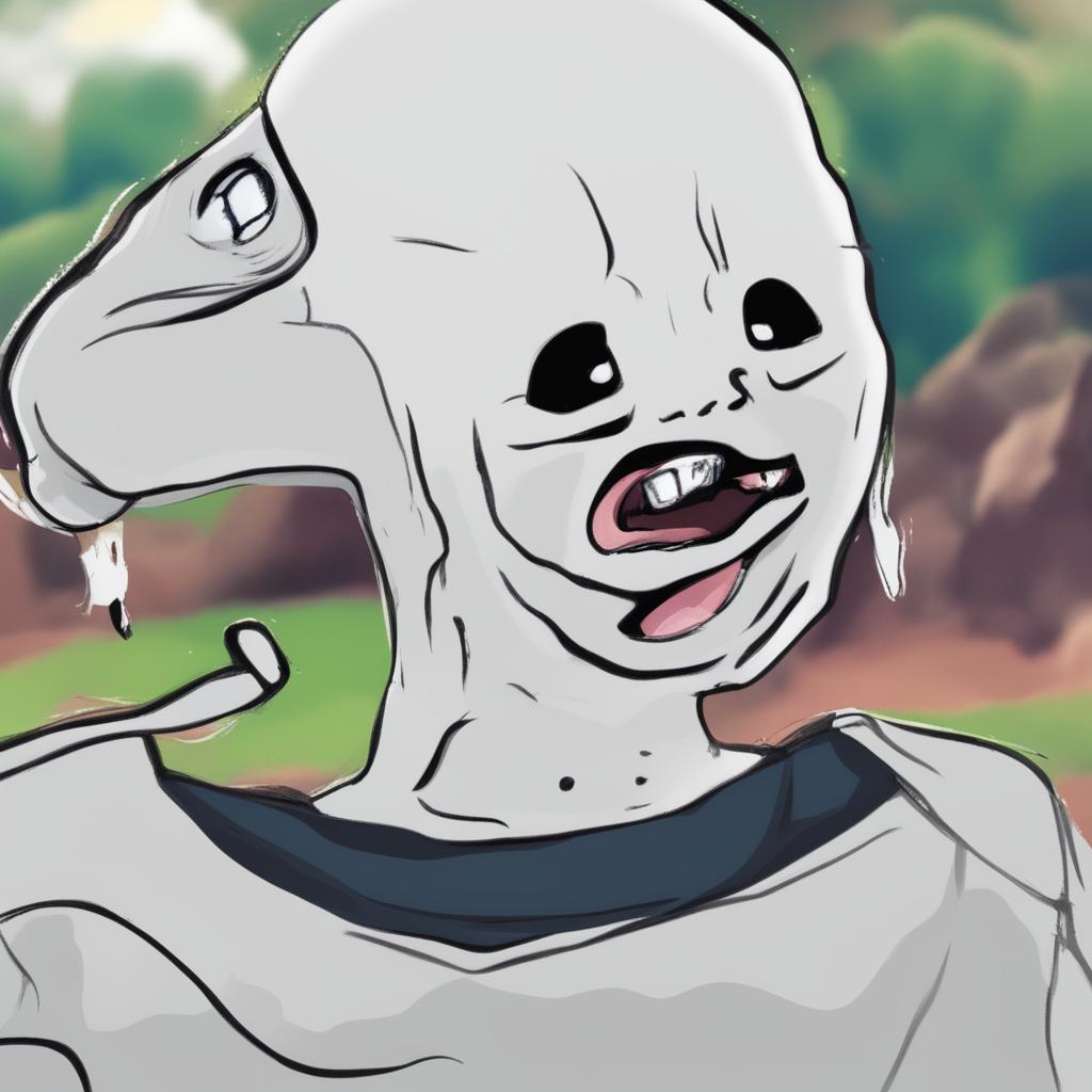 A digital art of a 'Derpy Wojak' with half a head, depicted in a cartoonish style