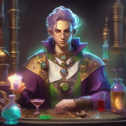 A high-quality digital art image showcasing an androgynous Eladrin, an ethereal being from the Feywild, in the role of an alchemist artificer