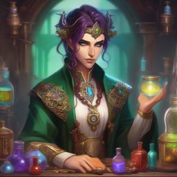 A high-quality digital art image showcasing an androgynous Eladrin, an ethereal being from the Feywild, in the role of an alchemist artificer