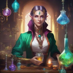 A high-quality digital art image showcasing an androgynous Eladrin, an ethereal being from the Feywild, in the role of an alchemist artificer