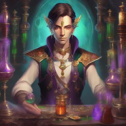 A high-quality digital art image showcasing an androgynous Eladrin, an ethereal being from the Feywild, in the role of an alchemist artificer