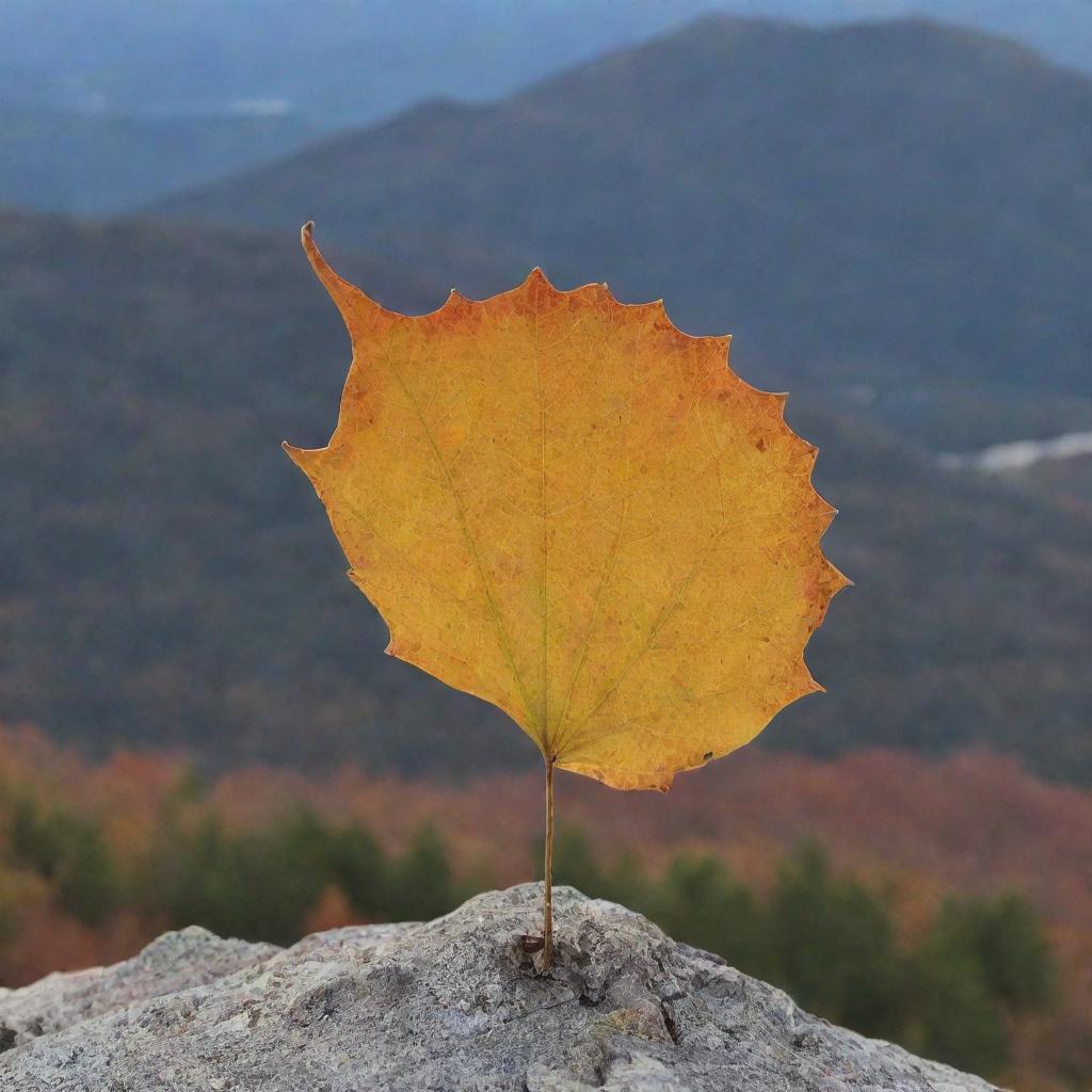 A leaf on the peak of a mountain during the autumn season.