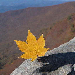 A leaf on the peak of a mountain during the autumn season.