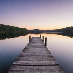 An abandoned rustic pier stretching out into tranquil lake during sunset.