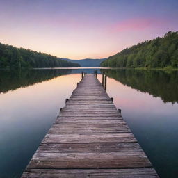 An abandoned rustic pier stretching out into tranquil lake during sunset.