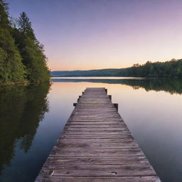 An abandoned rustic pier stretching out into tranquil lake during sunset.