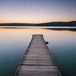 An abandoned rustic pier stretching out into tranquil lake during sunset.